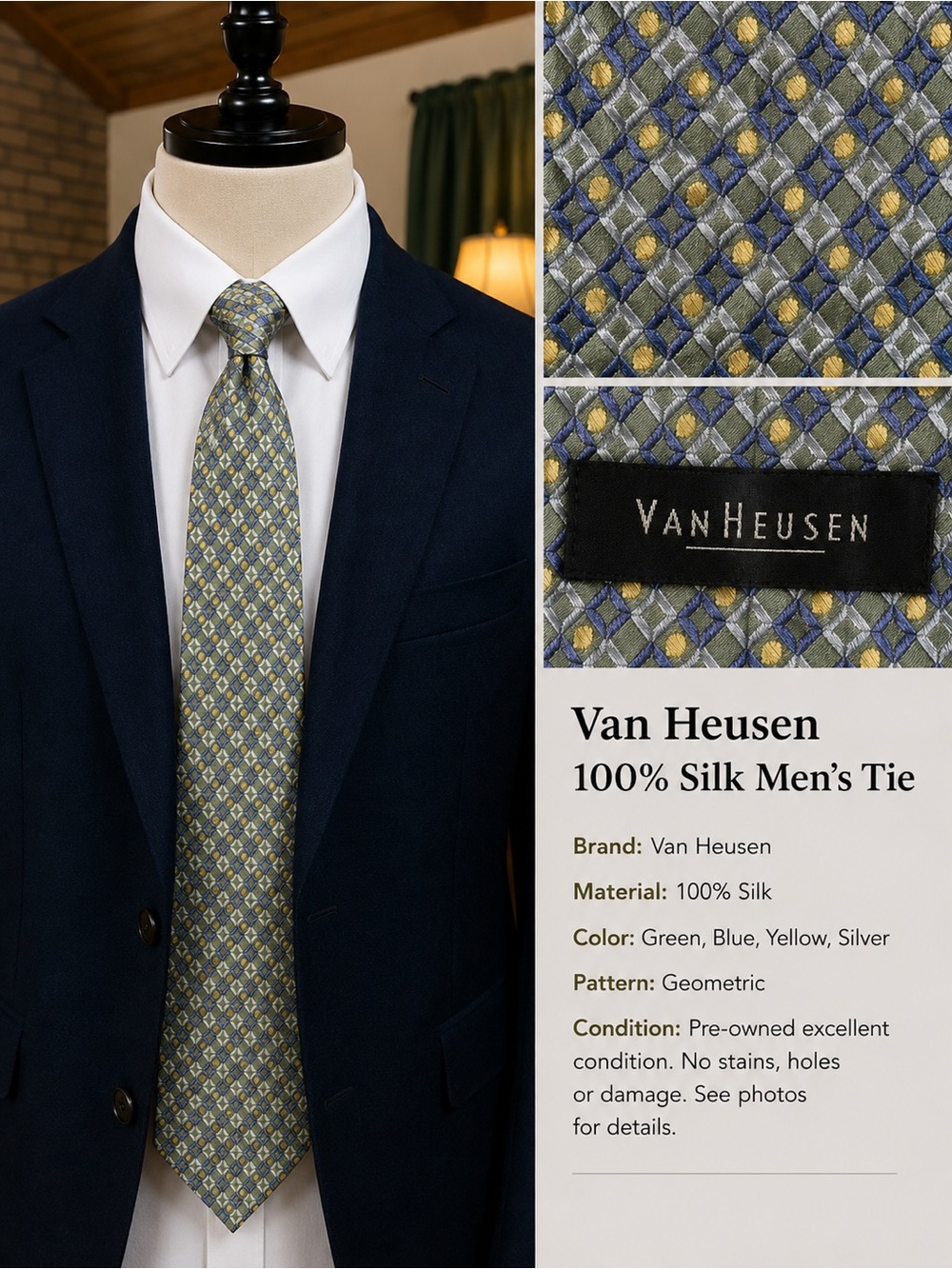 Van Heusen Silk Geometric Tie — Green, Blue & Yellow Accents